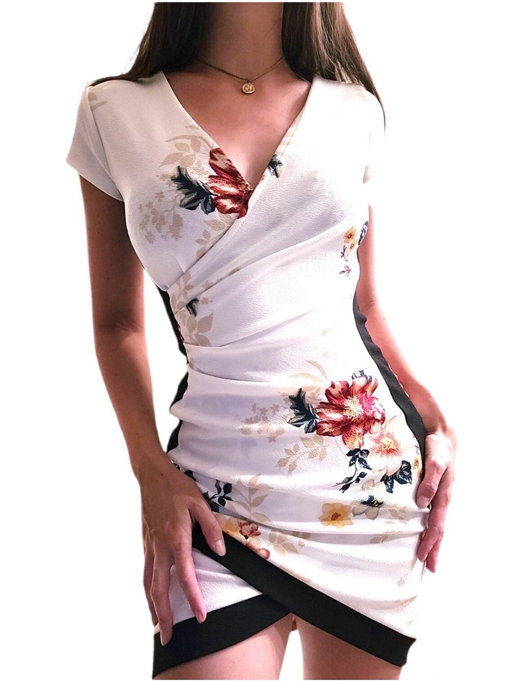 Almost Famous White Floral Wrap style Dress with Black Accents